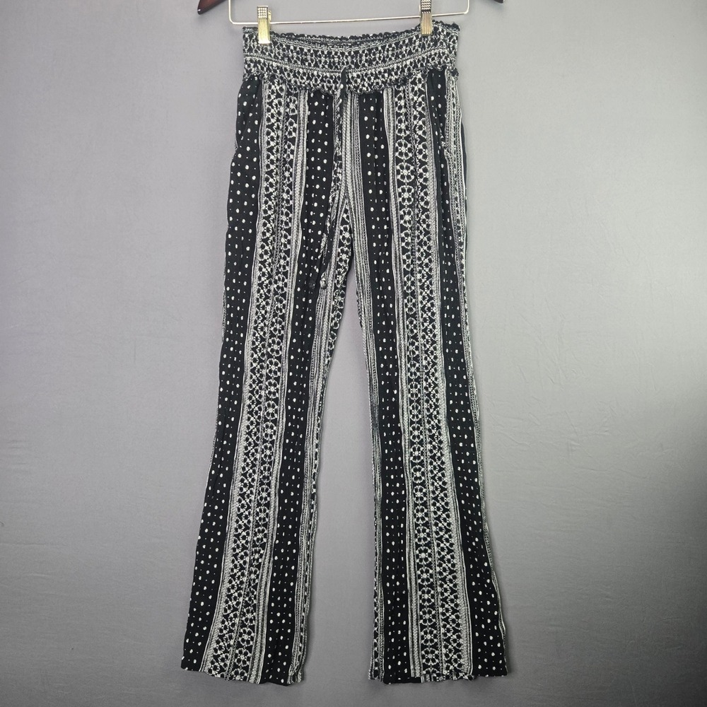 Kingston Grey Palazzo Pants M Black White Boho Stripe Smocked Wide Leg Flowy
